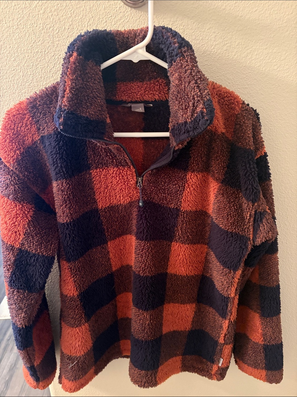Eddie Bauer Women's Plush Zip-Up Sweater - Orange & Black Buffalo Check